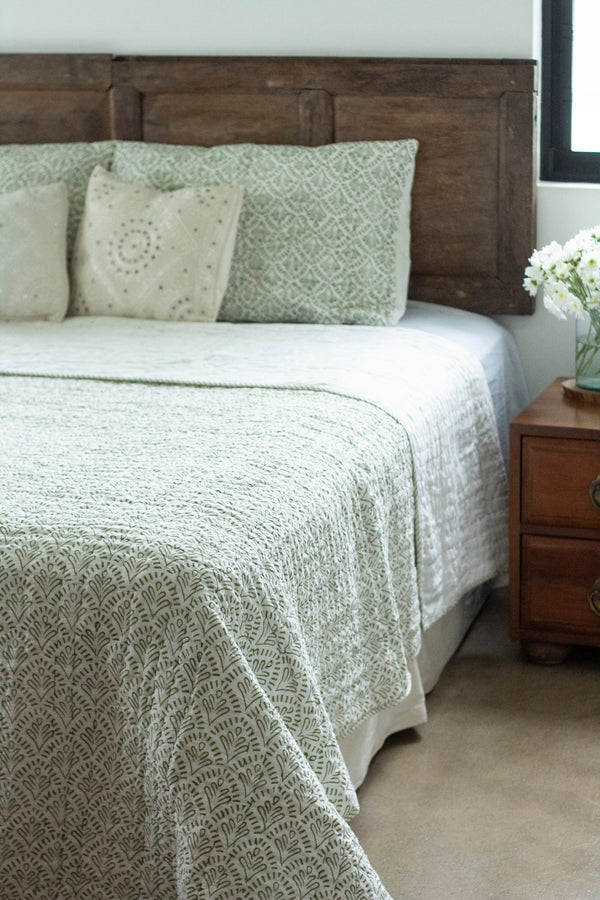 Starling in Green Kantha Quilt